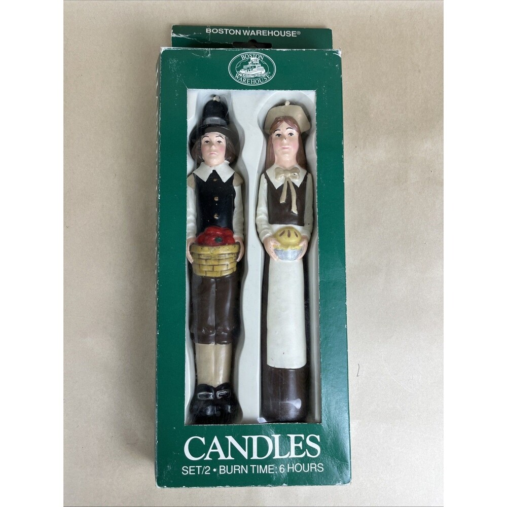 VTG NIB 1996 Boston Warehouse Pilgrim Tapers 2 Candles‎ 10” Thanksgiving Harvest